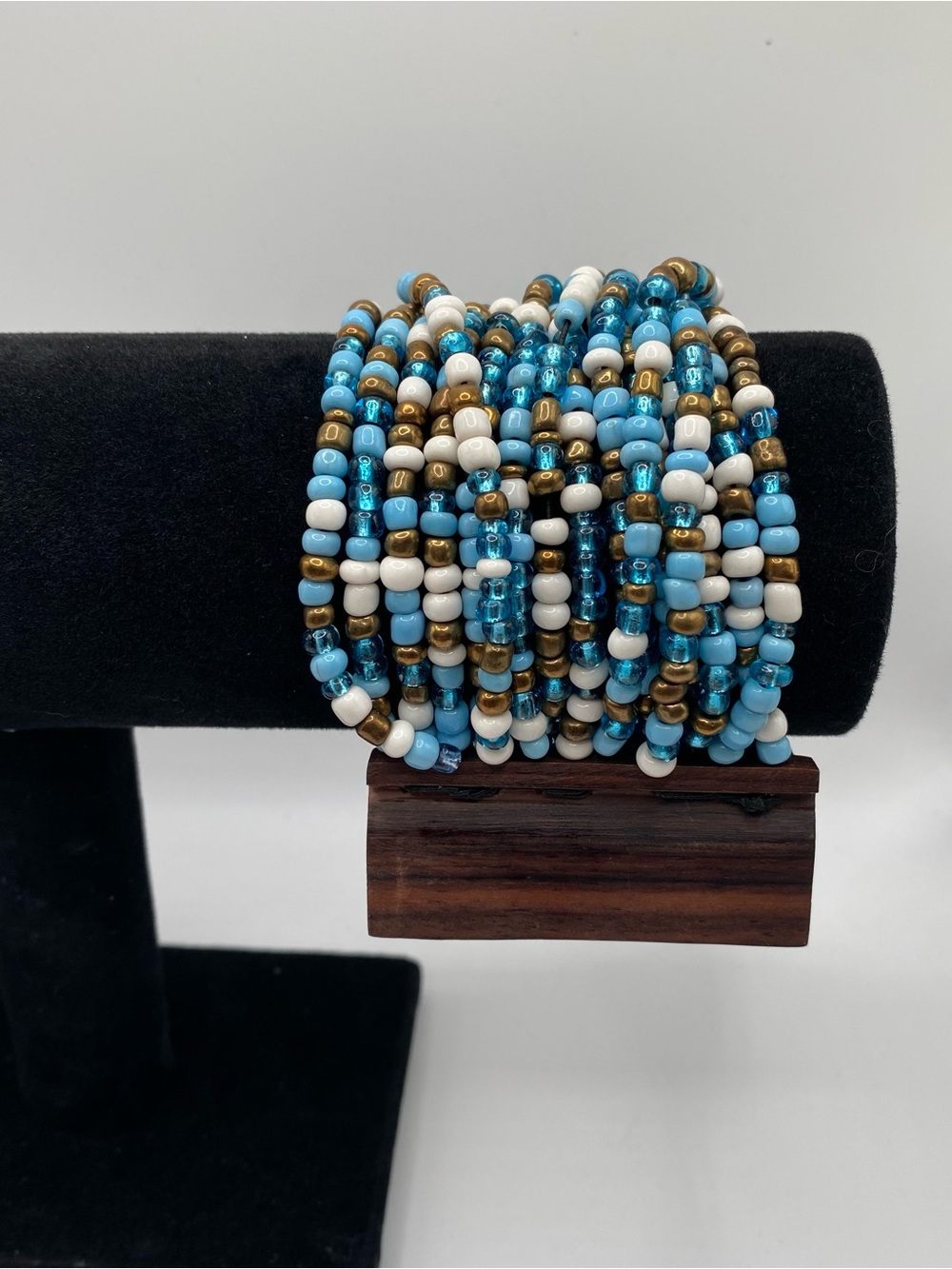 Vintage Beaded Stretch Bracelet Set - Blue, White & Gold wood accents